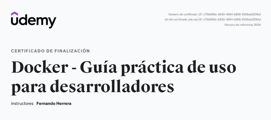 Certificate: Docker - Guía practica de uso para desarrolladores