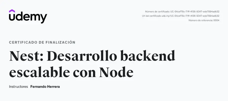 Certificate: Nest JS: Desarrollo backend escalable con Node