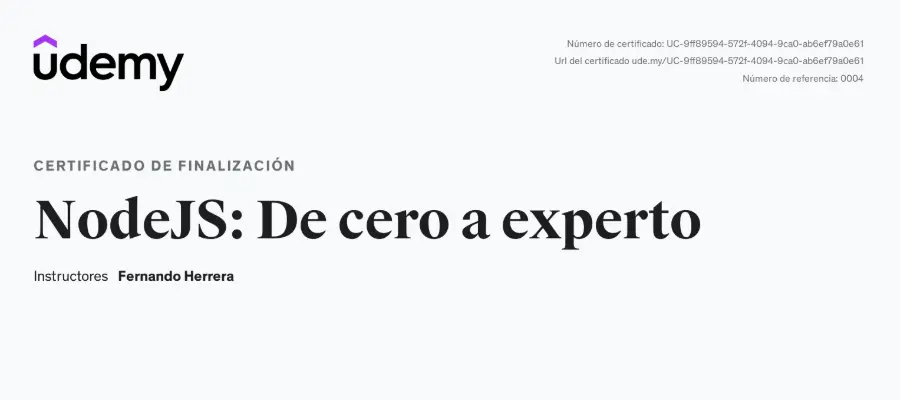 Certificate: NodeJS: De cero a experto