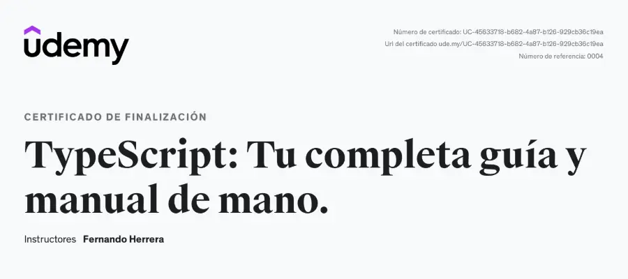 Certificate: TypeScript: Tu completa guía y manual de mano